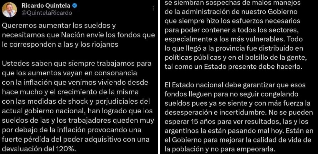 Quintela reclama a Nación fondos adeudados a la Provincia y que son para incrementos salariales.