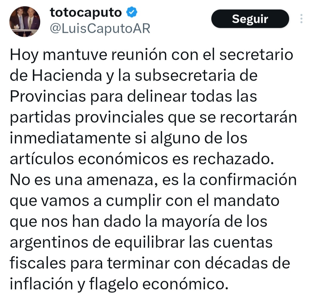 Amenaza de Caputo: definió qué fondos les va a recortar a las provincias si no apoyan la ley ómnibus. 