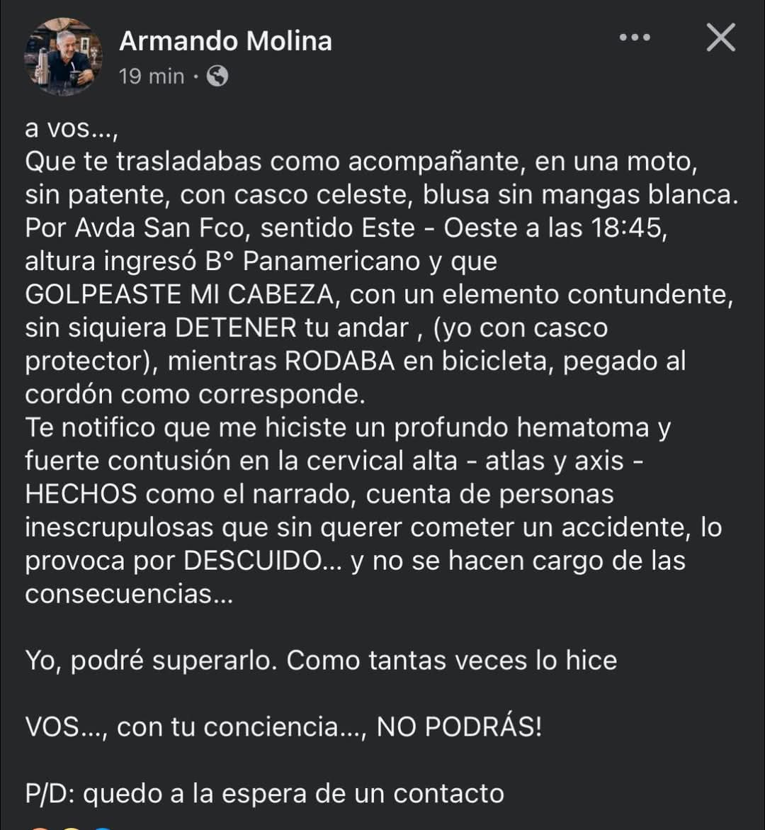 Golpearon al intendente Armando Molina mientras circulaba en su bicicleta.