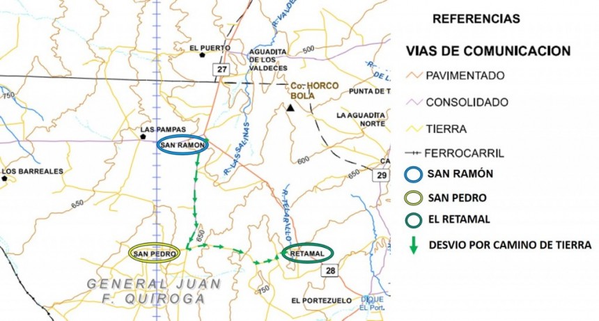 Informan desvío en Rutas N° 27 y 28 Patquía - Portezuelo