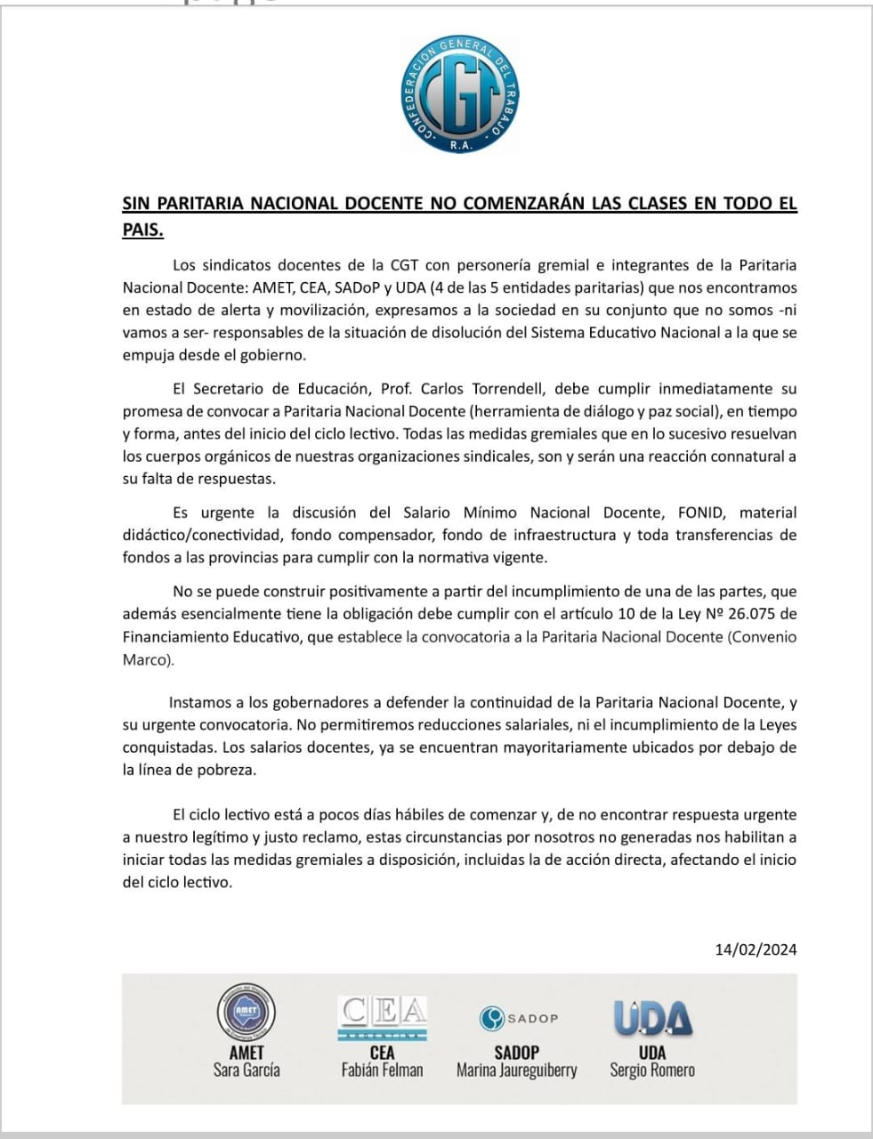 Gremios riojanos aseguraron que sin paritaria nacional no iniciarán el ciclo lectivo.