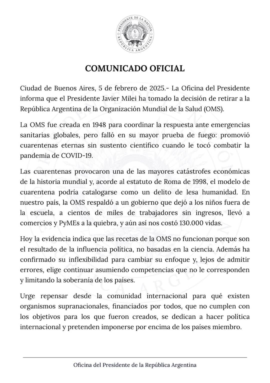 En una pésima decision Milei decidió retirar a Argentina de la Organización Mundial de la Salud. 