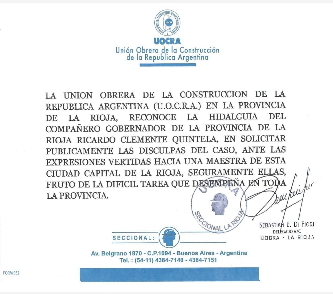 La UOCRA emitió un comunicado en apoyo al gobernador
