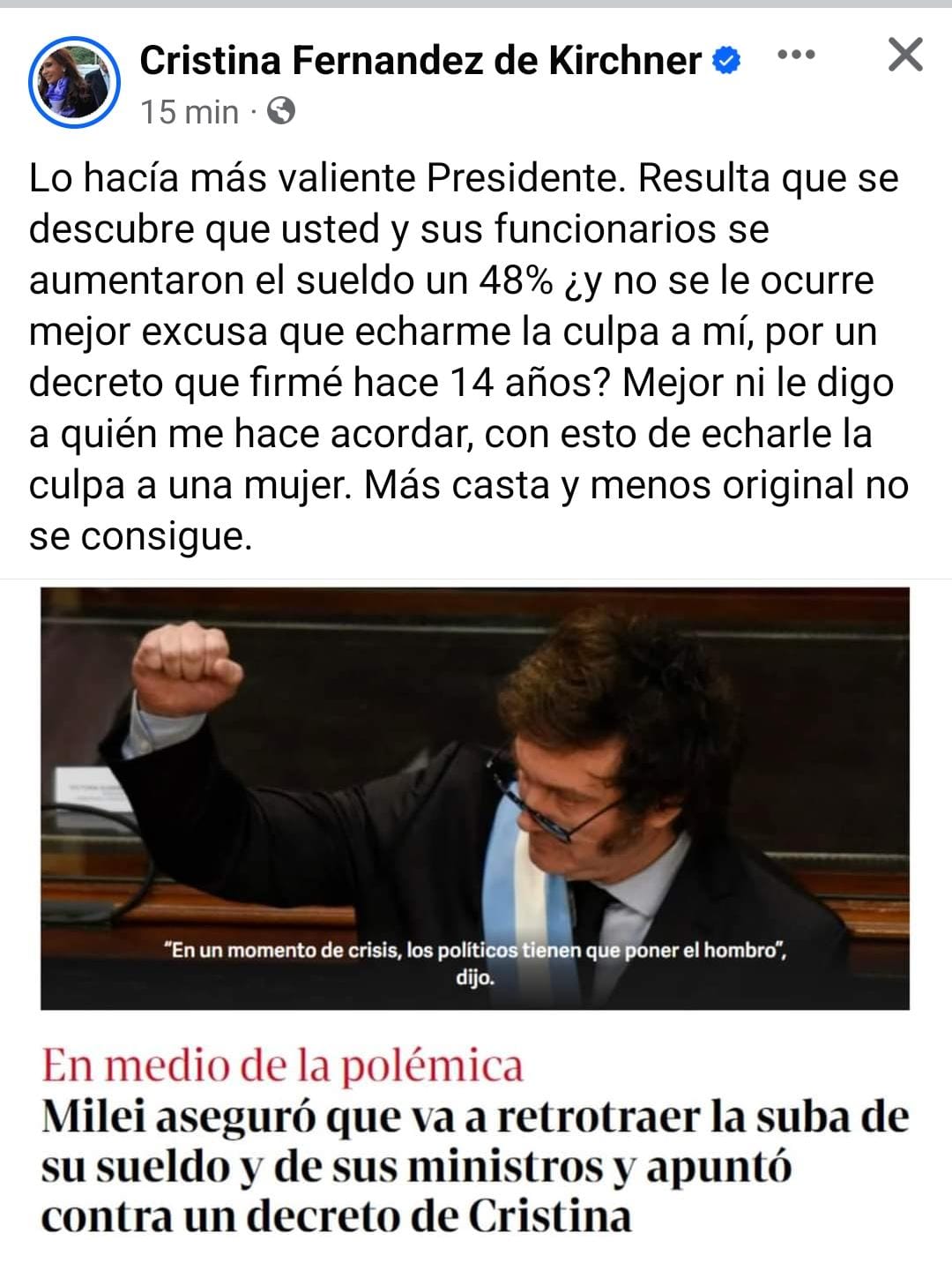 ”Más casta y menos original no se consigue”: la respuesta de Cristina Kirchner a Milei tras la polémica por los aumentos de sueldos. 