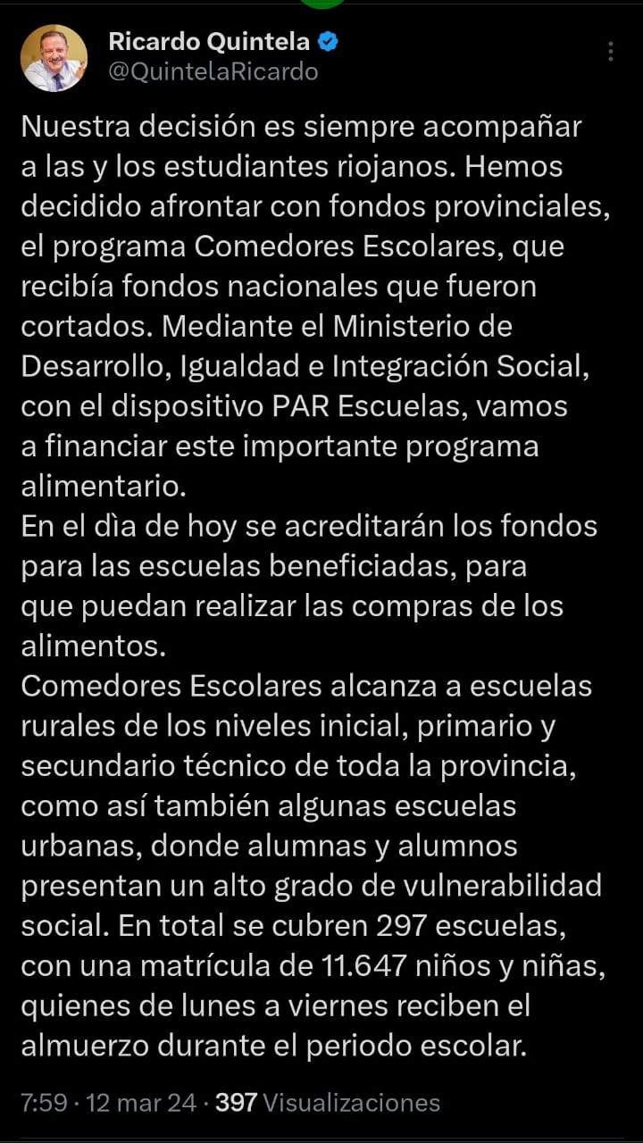 El Gobierno de Ricardo Quintela afronta con fondos provinciales el programa Comedores Escolares. 