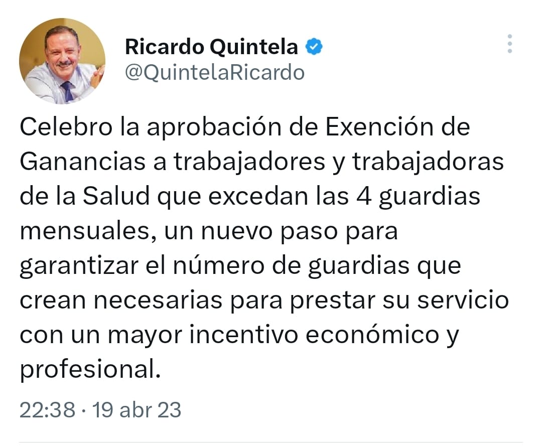 Quintela destacó la aprobación de exención de ganancias a trabajadores de la Salud