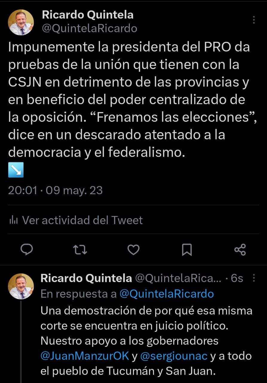 Ricardo Quintela se refirio a la suspension de las elecciones en San Juan y Tucuman