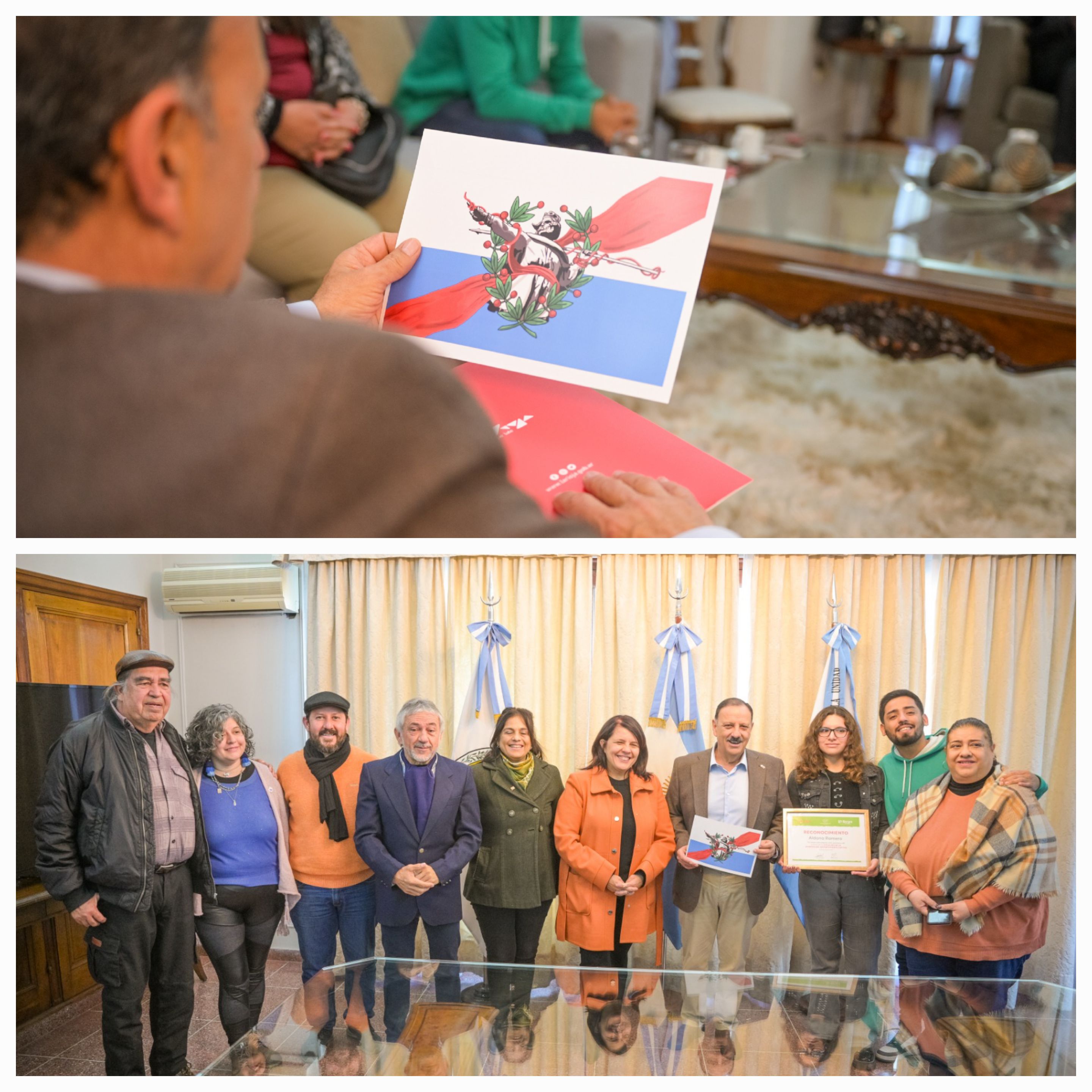 Autoridades municipales presentaron la bandera del Departamento Capital al gobernador Ricardo Quintela.