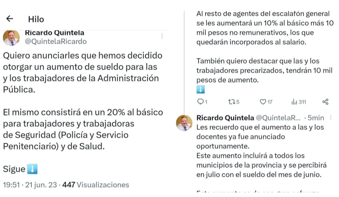Quintela anunció el aumento de sueldo para el personal de la Administración Pública