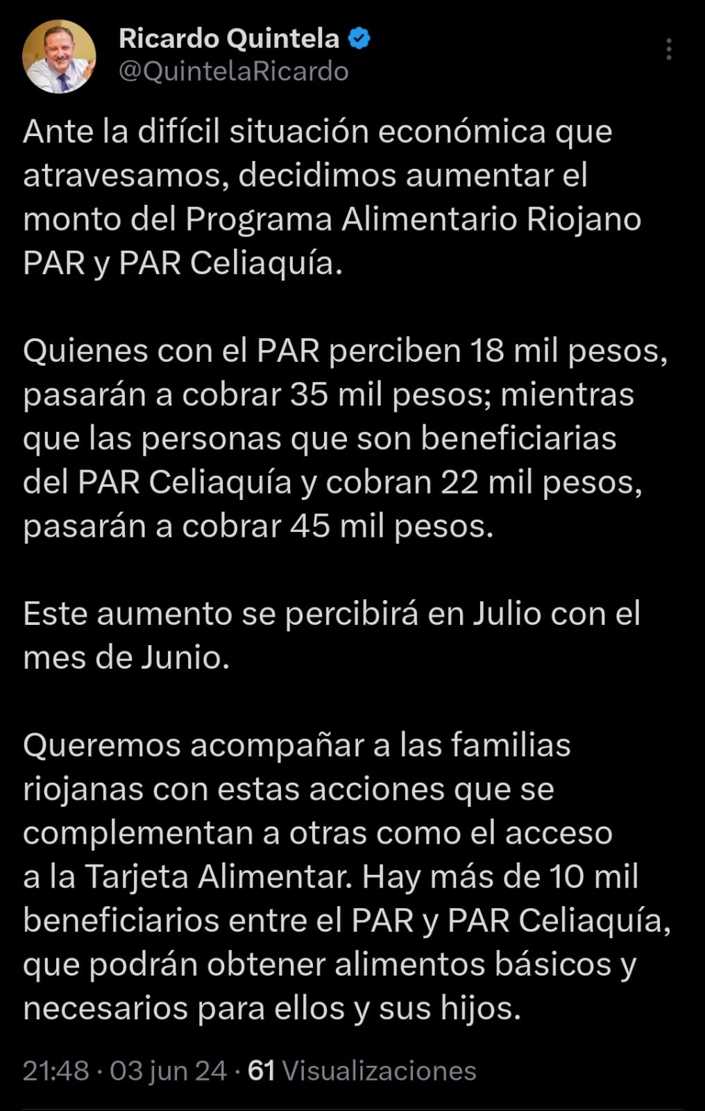 El gobernador Ricardo Quintela anunció otra suba a la tarjeta PAR para combatir las políticas nacionales.