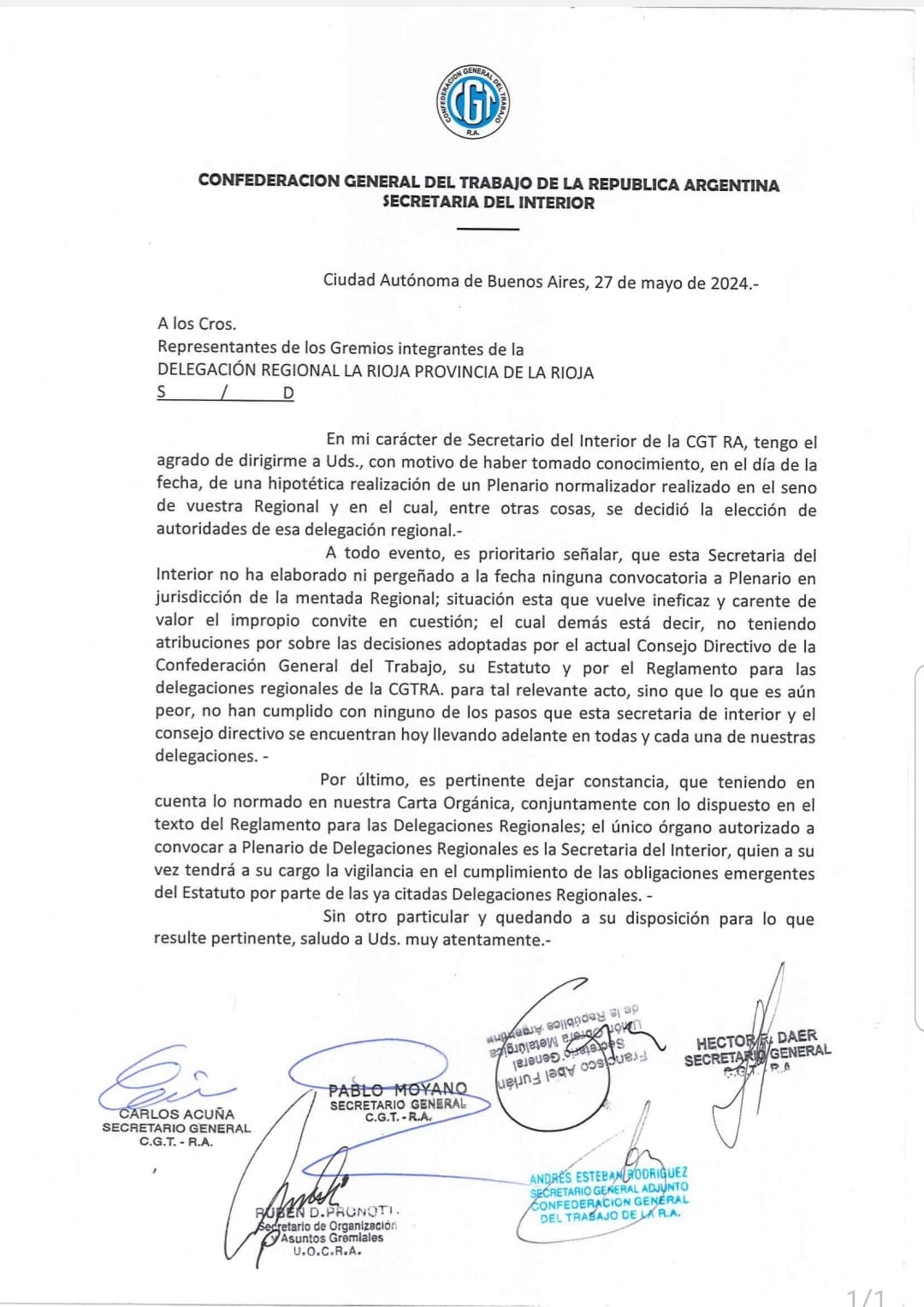 CGT Nacional desconoce a la comisión directiva de la CGT La Rioja.