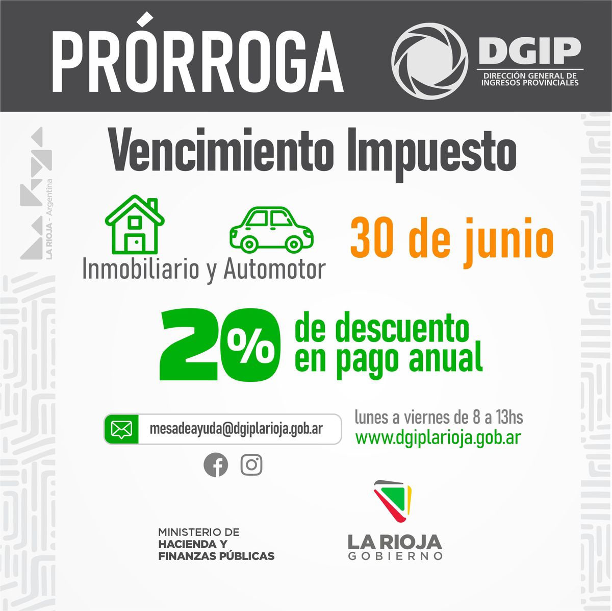 DGIP informa nueva prórroga de vencimiento para impuesto inmobiliario y automotor.