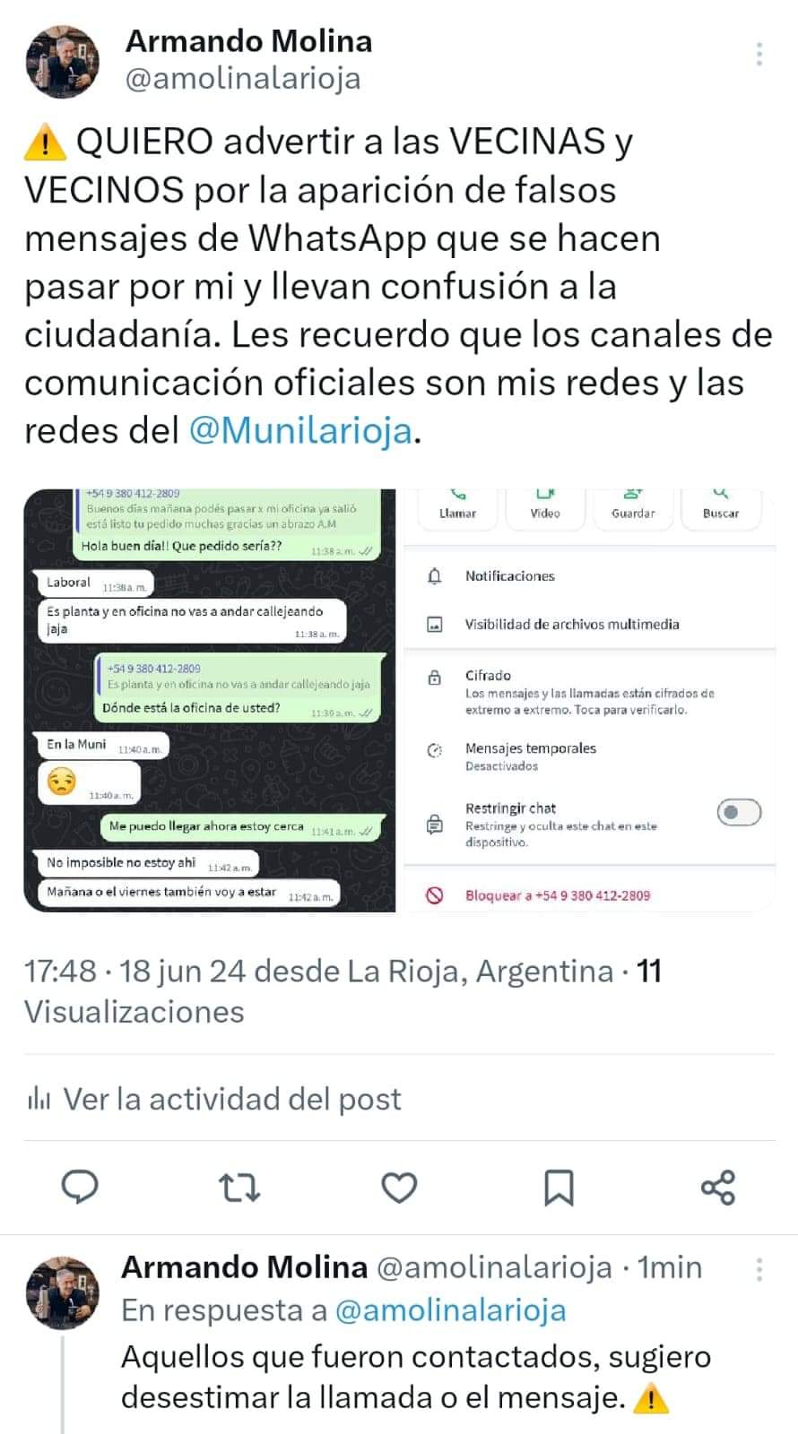 El Intendente Armando Molina denuncia falsos mensajes.