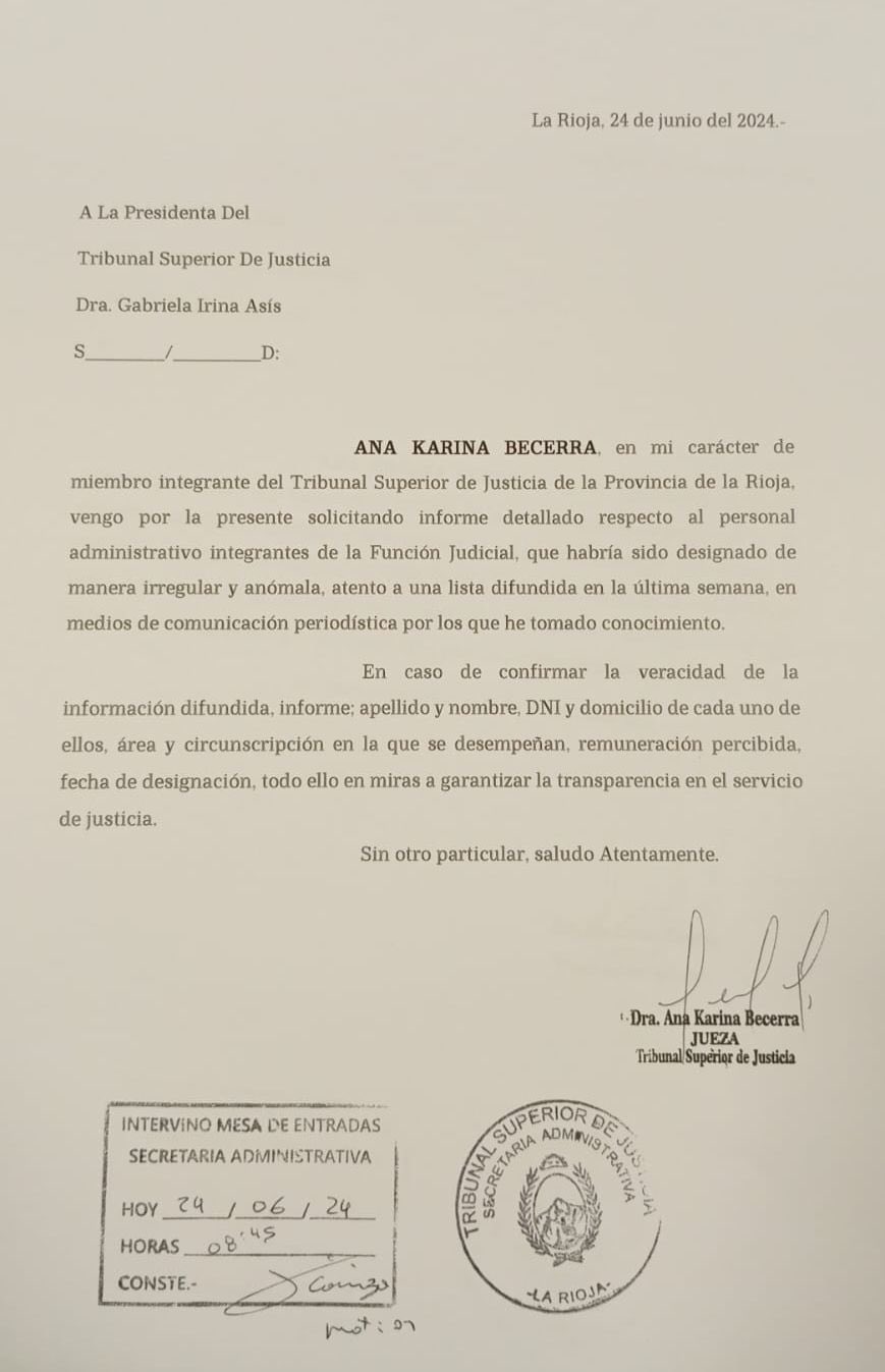 Karina Becerra pide investigar nombramientos en la Justicia.