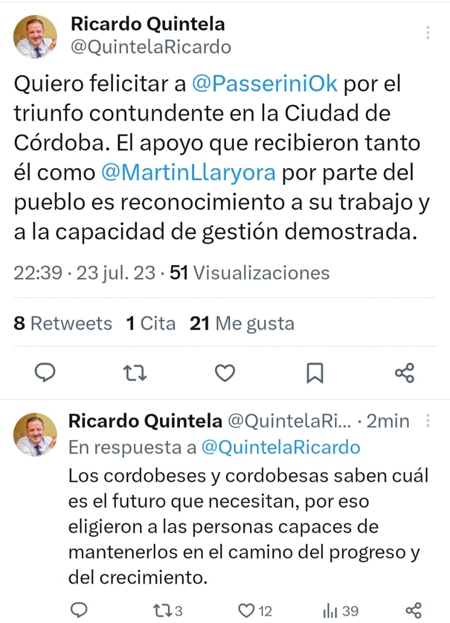 Quintela saludo a Passerini, electo intendente de Córdoba