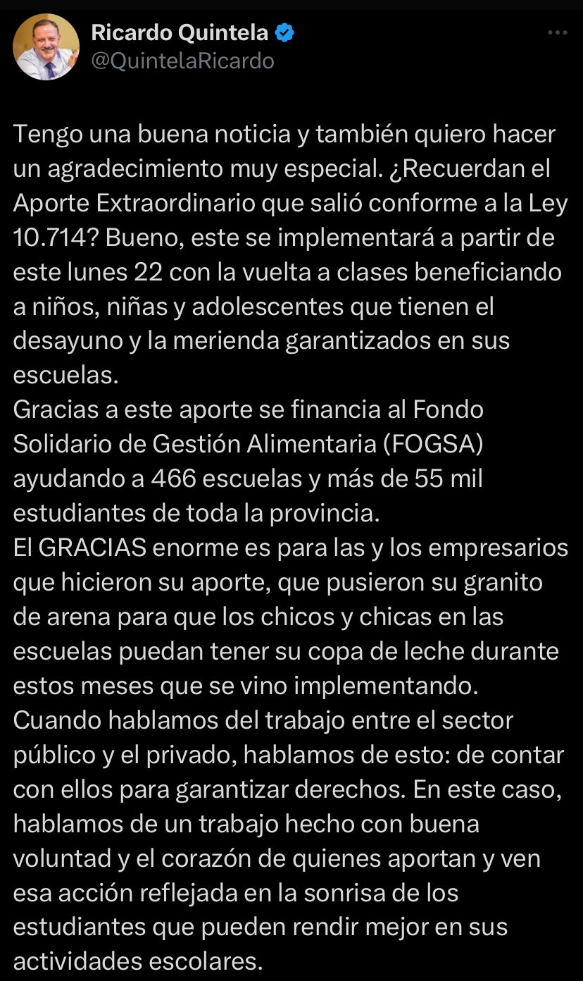 A Partir del próximo lunes se implementará el Aporte Extraordinario para la copa de leche.