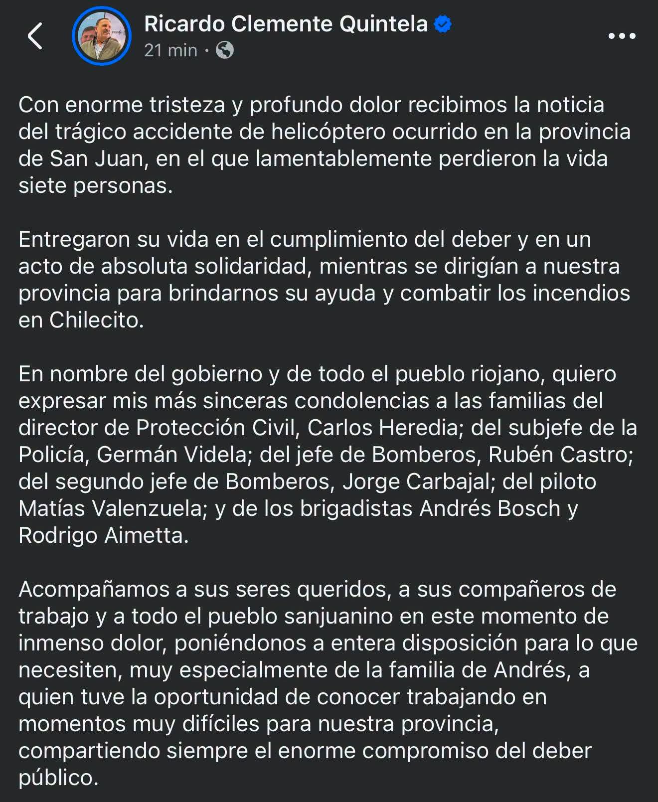 El gobernador Quintela expres&oacute; sus condolencias por el siniestro a&eacute;reo en San Juan 