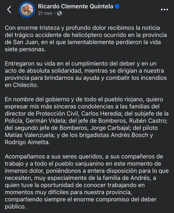 El gobernador Quintela expres&oacute; sus condolencias por el siniestro a&eacute;reo en San Juan 