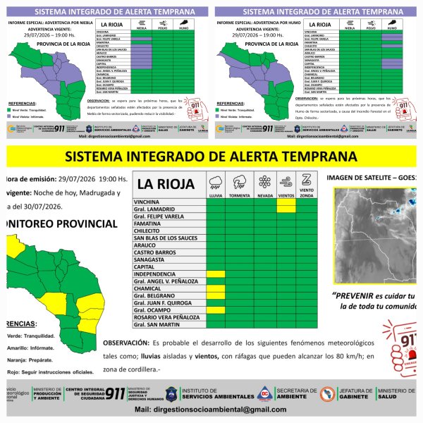 Difunden alerta preventivo por lluvias aisladas, vientos, humo y niebla