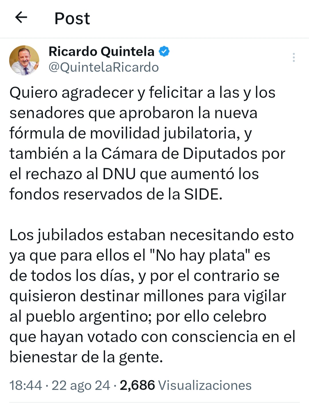 Movilidad Jubilatoria. El Gobernador Ricardo Quintela felicitó a Senadores. 