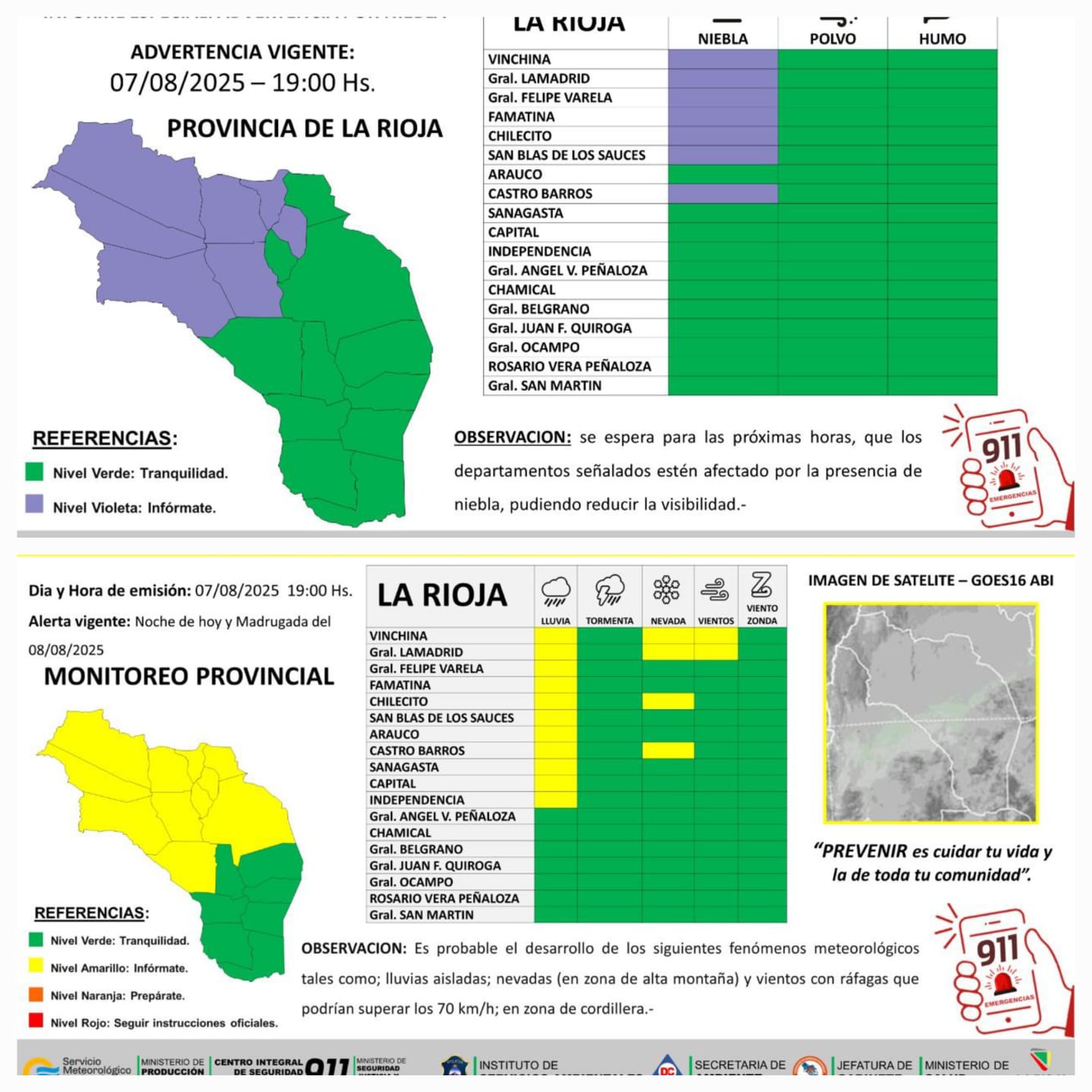 Difunden alerta amarilla por lluvias para 11 departamentos.