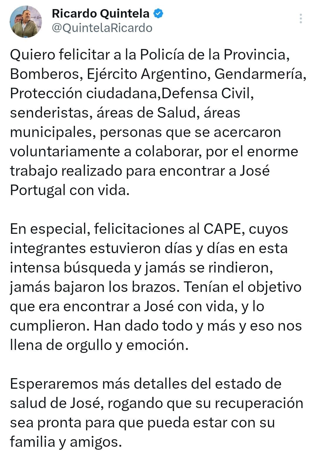 El gobernador Quintela puso en valor el trabajo de rescate para encontrar con vida a José Portugal