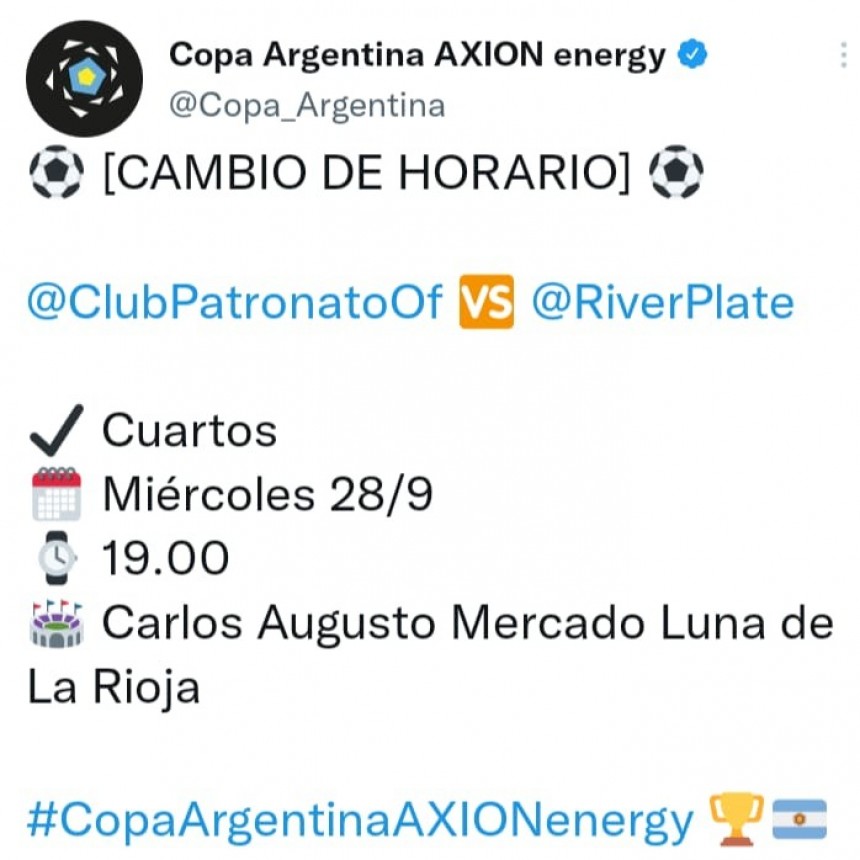 Cambio de horario del partido de River - Patronato: Se jugará a las 19:00