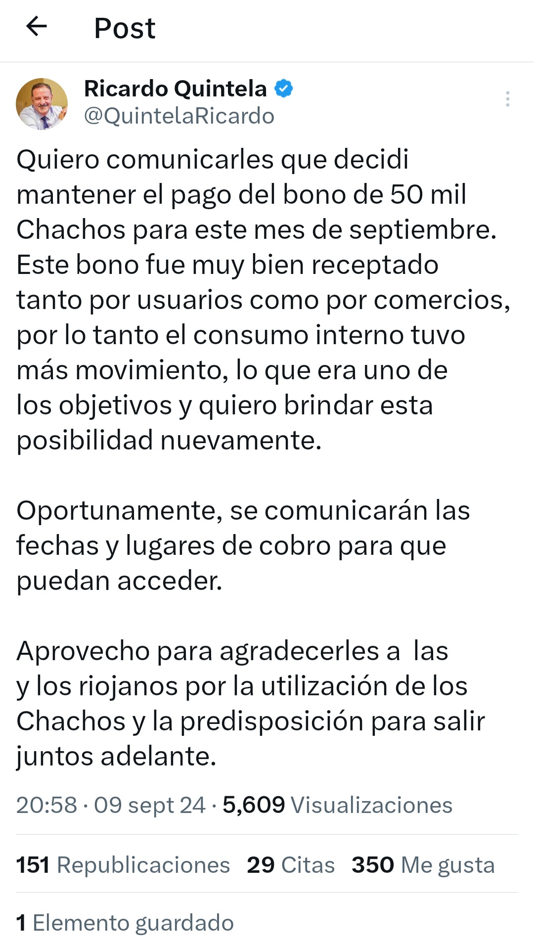 El Gobernador Ricardo Quintela confirmó la continuidad del bono de 50 mil Chachos.