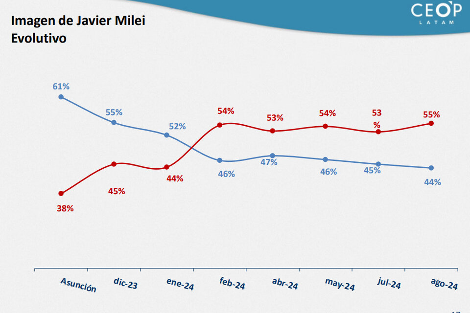 A nueve meses de gobierno, la imagen de Milei baja en un tobogán de caída constante.