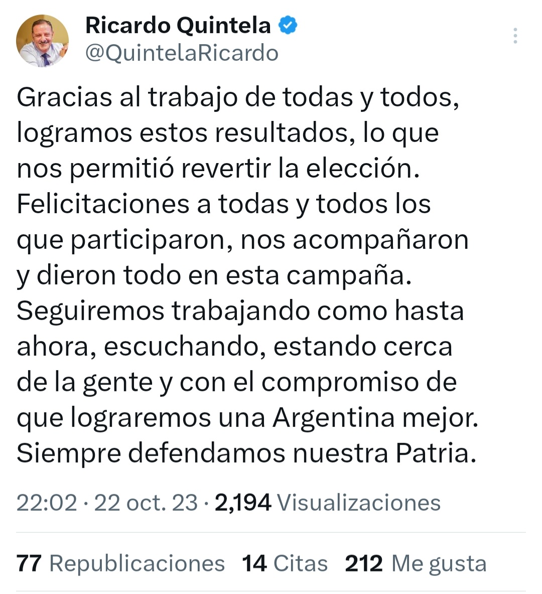 El gobernador Ricardo Quintela celebró el triunfo de Massa.