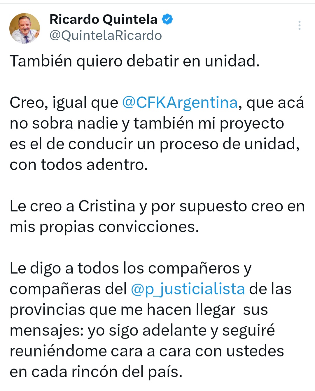 Quintela se pronunció tras la oficialización de Cristina Kirchner como candidata.