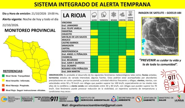 Difunden alerta amarilla por lluvias, tormentas, vientos y viento zonda