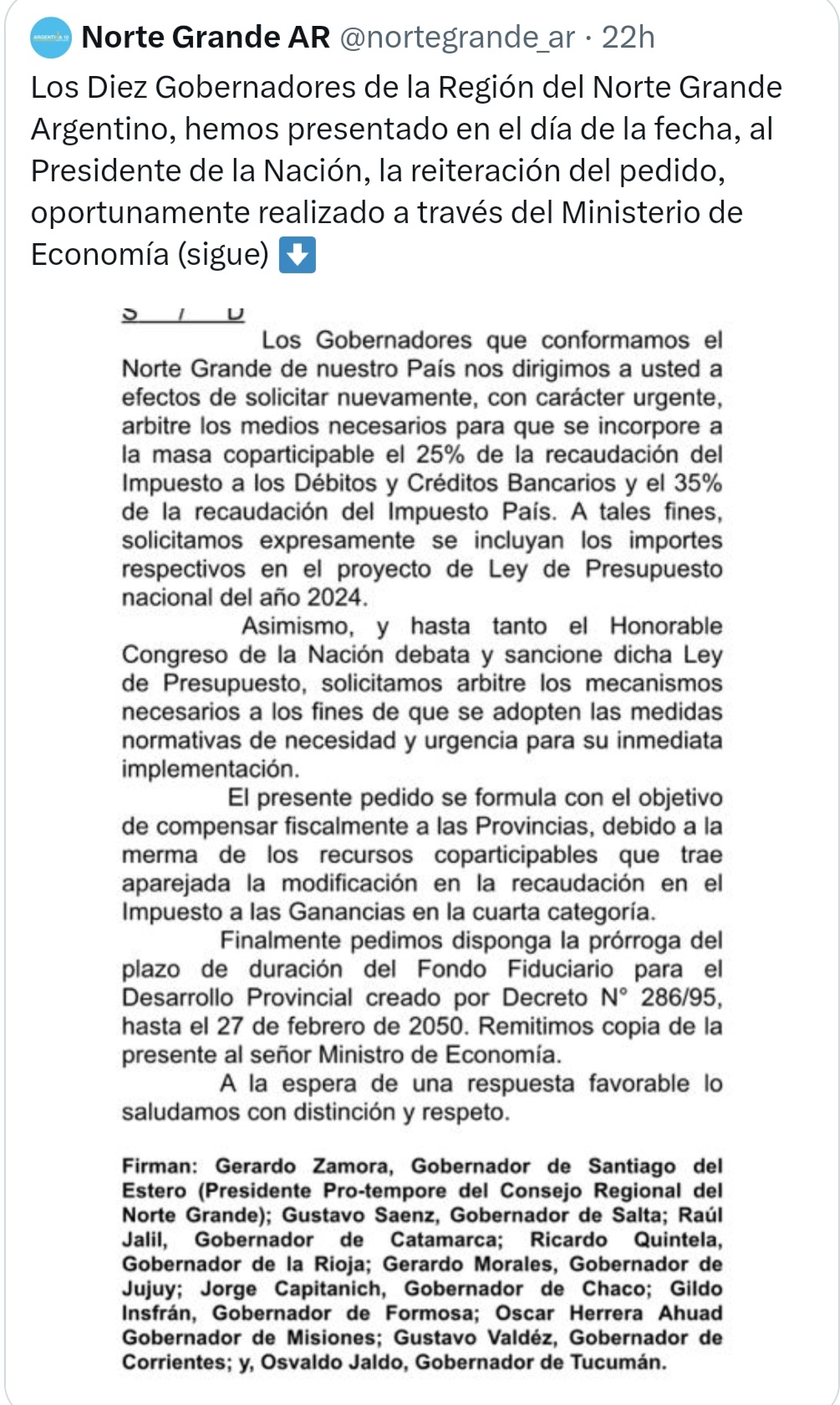 Gobernadores del Norte Grande piden a Fernández compensar la merma de fondos coparticipables.