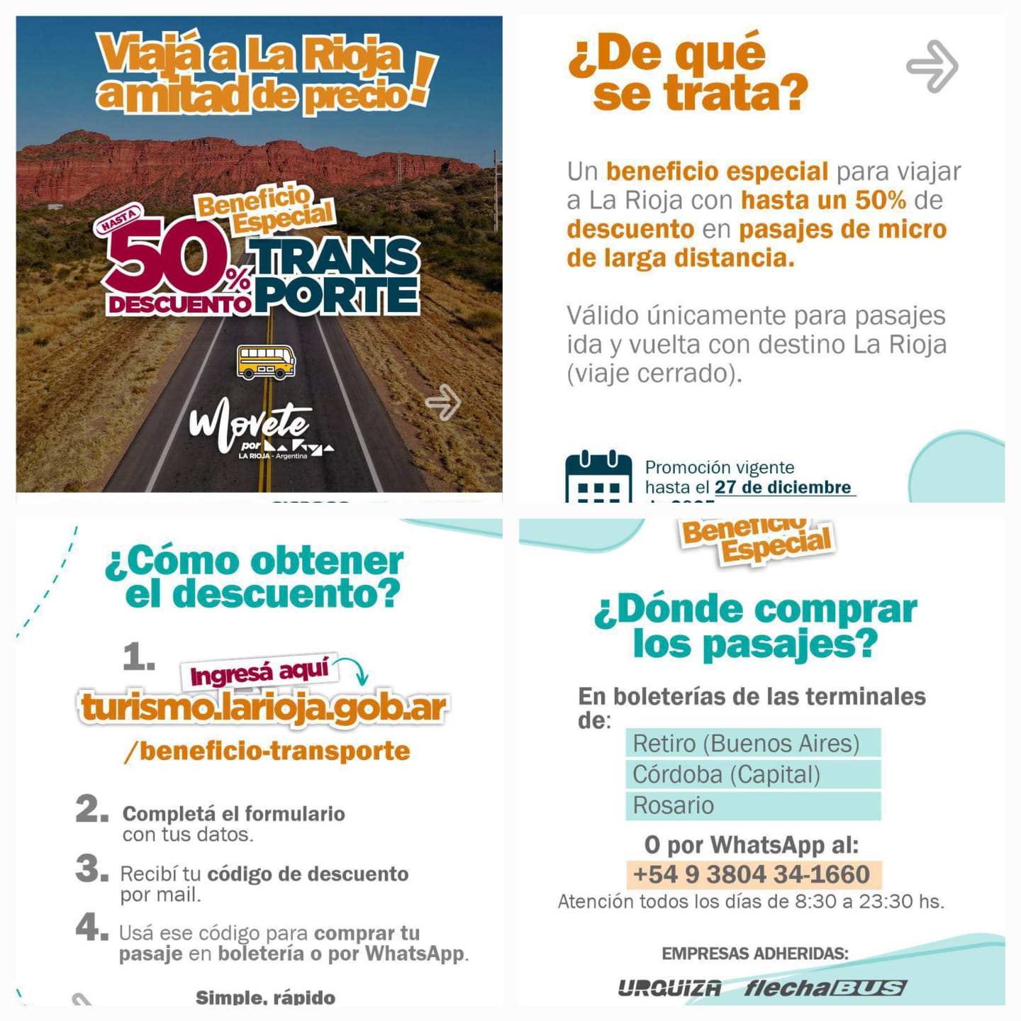 Viajá más y pagá menos. La Rioja te ofrece hasta un 50% de descuento en pasajes de larga distancia.