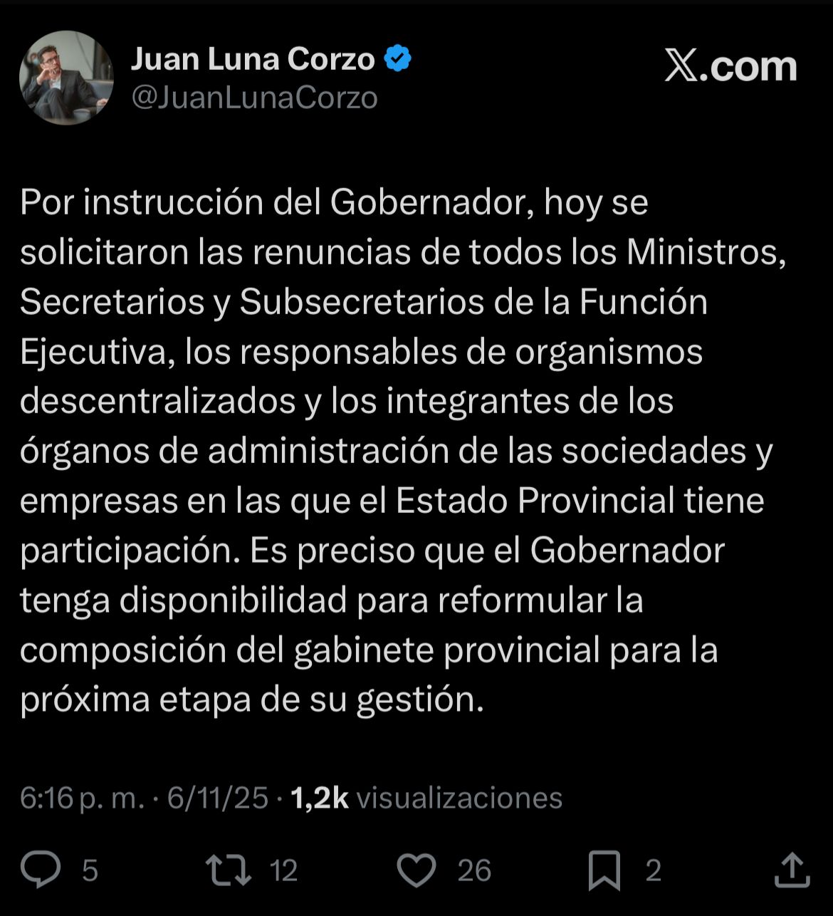El gobernador Quintela solicitó la renuncia de todo su gabinete para reformular la gestión provincial 