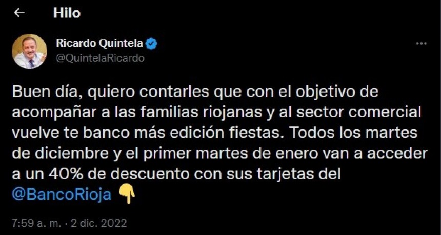 Quintela anunció promociones de 40% de descuento con la tarjeta del Banco Rioja