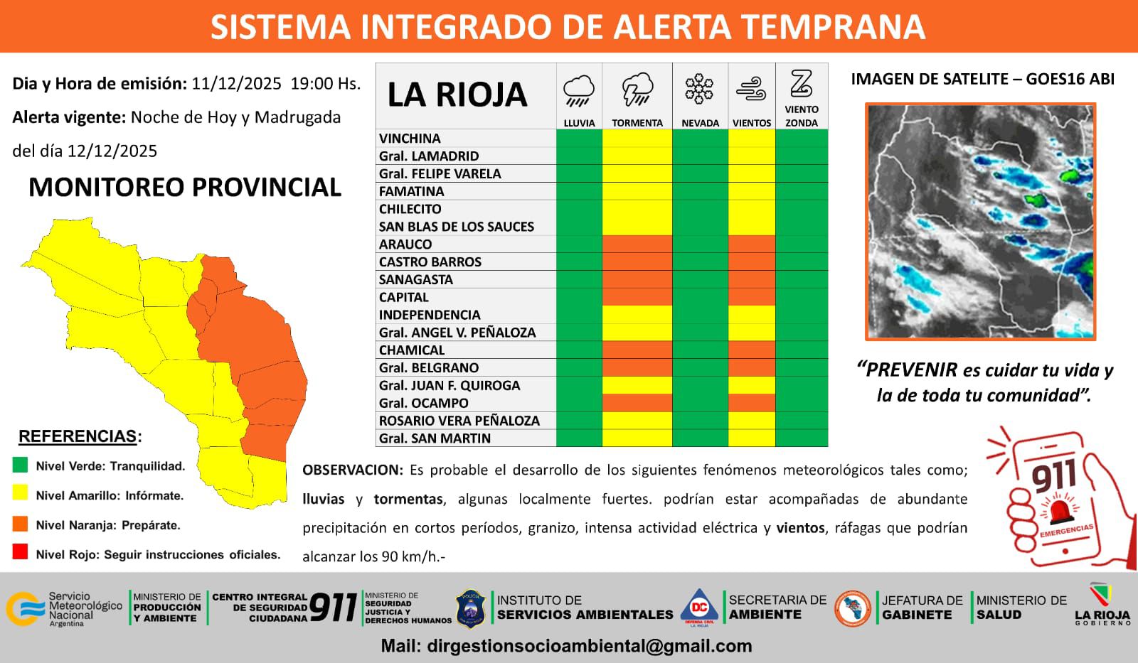 Emiten alerta amarilla y naranja por tormentas y vientos